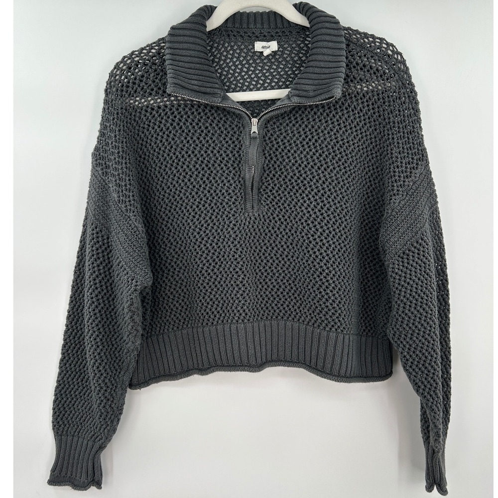 Aerie Women Dark Gray‎ Open Knit Quarter Zip Cropped Cotton Sweater Size M